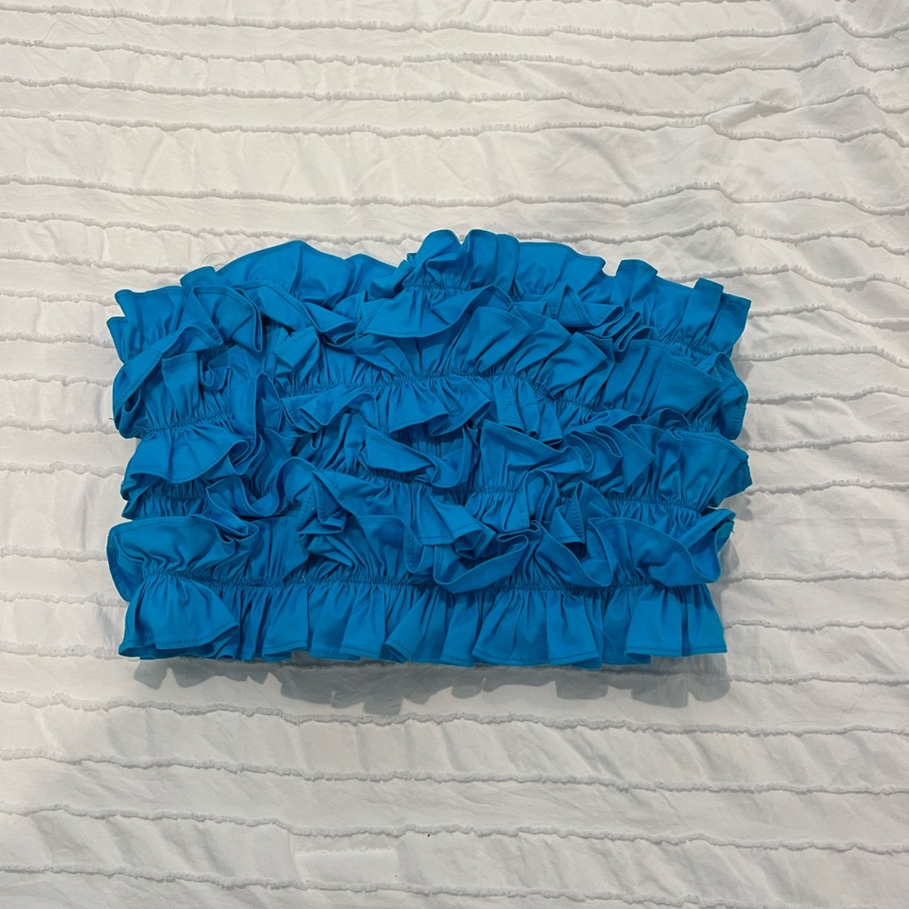 Do + Be Blue Ruffled Strapless Top